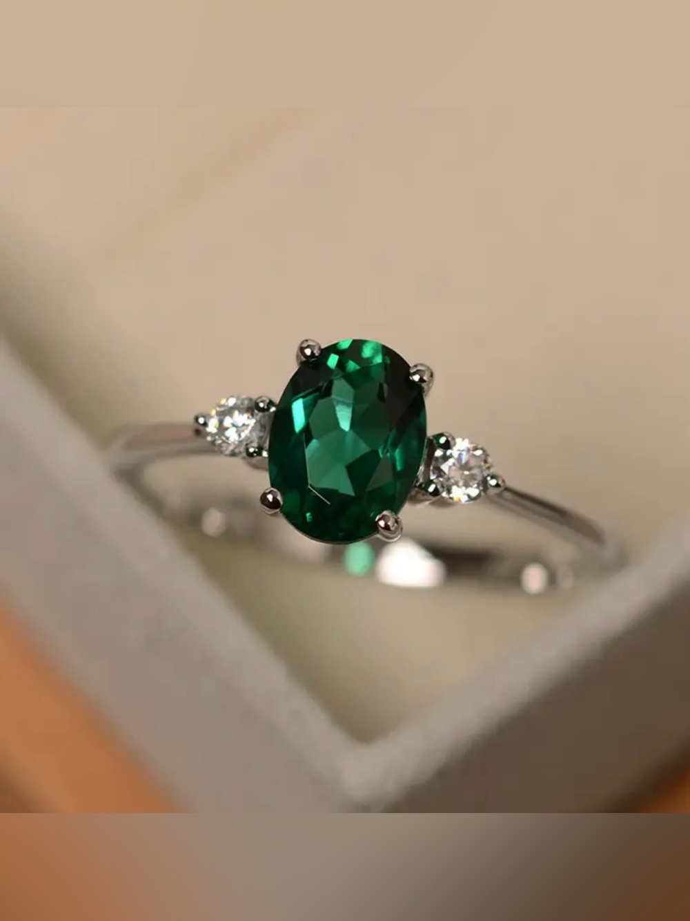 Emerald Green Oval Solitaire Accent Ring